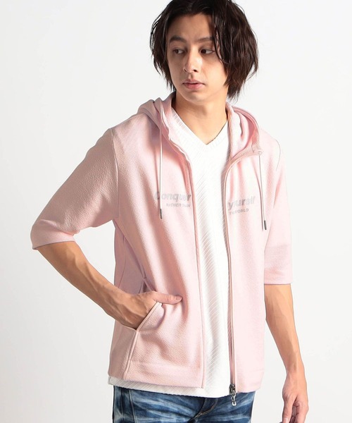 HIDEAWAYS NICOLE（ハイダウェイニコル）の「梨地フルZIP5分袖フードパーカ（パーカー・メンズ・ブラック/オフホワイト/ピンク・MEDIUM/LARGE/X-LARGE）」の3枚目の写真