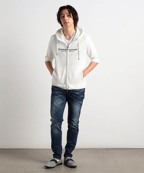 HIDEAWAYS NICOLE（ハイダウェイニコル）の「梨地フルZIP5分袖フードパーカ（パーカー・メンズ・ブラック/オフホワイト/ピンク・MEDIUM/LARGE/X-LARGE）」の4枚目の写真