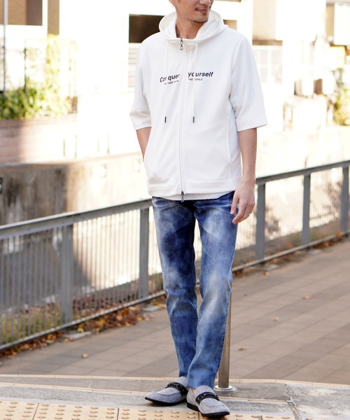 HIDEAWAYS NICOLE（ハイダウェイニコル）の「梨地フルZIP5分袖フードパーカ（パーカー・メンズ・ブラック/オフホワイト/ピンク・MEDIUM/LARGE/X-LARGE）」の17枚目の写真