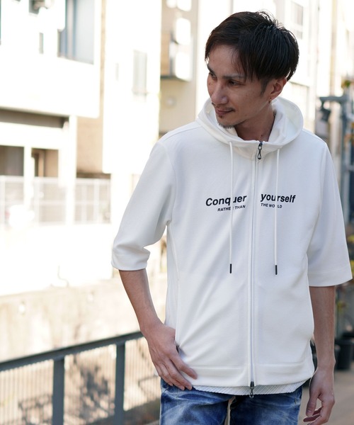 HIDEAWAYS NICOLE（ハイダウェイニコル）の「梨地フルZIP5分袖フードパーカ（パーカー・メンズ・ブラック/オフホワイト/ピンク・MEDIUM/LARGE/X-LARGE）」の18枚目の写真