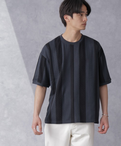 NANO universe(ナノユニバース)の「ストライプジャガードTシャツ 半袖(Tシャツ/カットソー・メンズ・スミクロ/ターコイズブルー/ホワイト/グレー系その他4・S/L/M)」の2枚目の写真