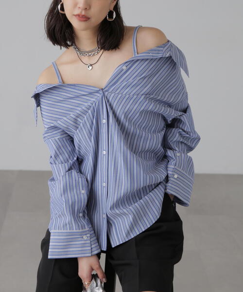 FREE'S MART（フリーズマート）の「◆2WAYオフショルシャツ（シャツ/ブラウス・レディース・ブルー系その他/ホワイト/ブルー・FREE）」の6枚目の写真