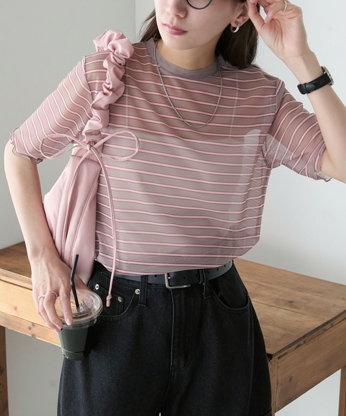 BONLECILL(ボンルシール)の「半袖シアーマルチボーダープルオーバー/インナー(Tシャツ/カットソー・レディース・ベージュ/グリーン/チャコールグレー/ブルー/オフホワイト/オレンジ・FREE)」の4枚目の写真