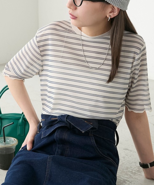 BONLECILL(ボンルシール)の「半袖シアーマルチボーダープルオーバー/インナー(Tシャツ/カットソー・レディース・ベージュ/グリーン/チャコールグレー/ブルー/オフホワイト/オレンジ・FREE)」の2枚目の写真