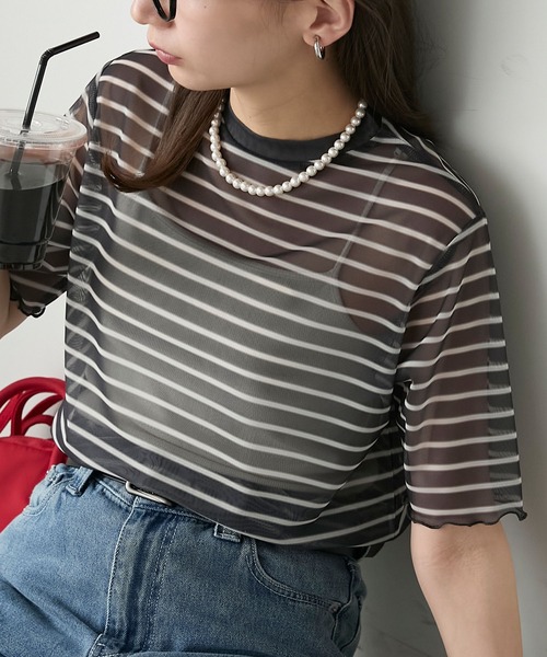 半袖シアーマルチボーダープルオーバー/インナー（Tシャツ
