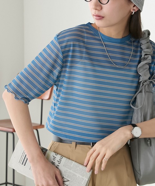 BONLECILL(ボンルシール)の「半袖シアーマルチボーダープルオーバー/インナー(Tシャツ/カットソー・レディース・ベージュ/グリーン/チャコールグレー/ブルー/オフホワイト/オレンジ・FREE)」の5枚目の写真