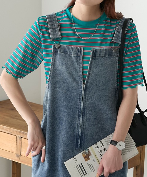 BONLECILL(ボンルシール)の「半袖シアーマルチボーダープルオーバー/インナー(Tシャツ/カットソー・レディース・ベージュ/グリーン/チャコールグレー/ブルー/オフホワイト/オレンジ・FREE)」の1枚目の写真