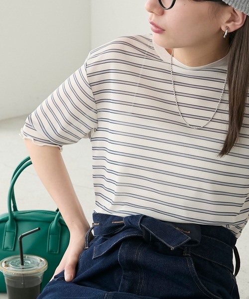 BONLECILL(ボンルシール)の「半袖シアーマルチボーダープルオーバー/インナー(Tシャツ/カットソー・レディース・ベージュ/グリーン/チャコールグレー/ブルー/オフホワイト/オレンジ・FREE)」の16枚目の写真