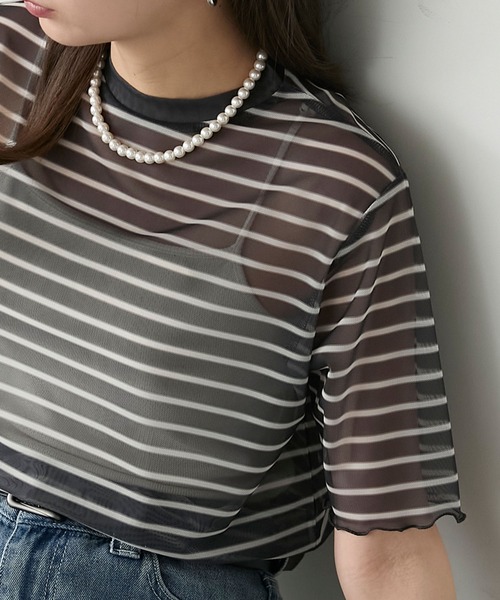 BONLECILL(ボンルシール)の「半袖シアーマルチボーダープルオーバー/インナー(Tシャツ/カットソー・レディース・ベージュ/グリーン/チャコールグレー/ブルー/オフホワイト/オレンジ・FREE)」の18枚目の写真