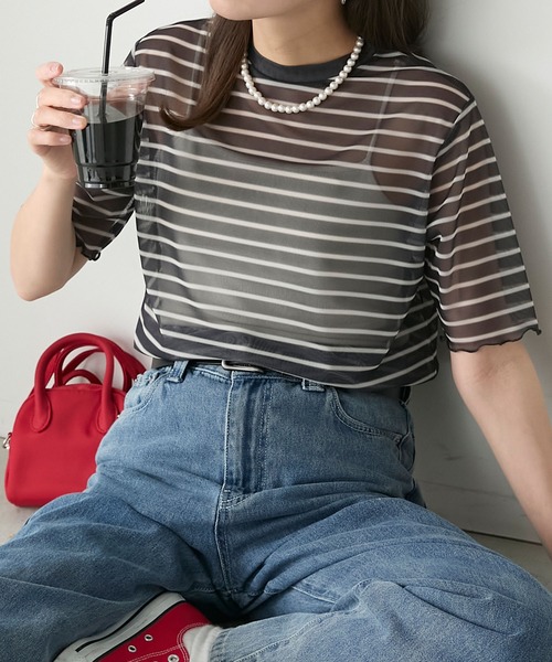 BONLECILL(ボンルシール)の「半袖シアーマルチボーダープルオーバー/インナー(Tシャツ/カットソー・レディース・ベージュ/グリーン/チャコールグレー/ブルー/オフホワイト/オレンジ・FREE)」の21枚目の写真