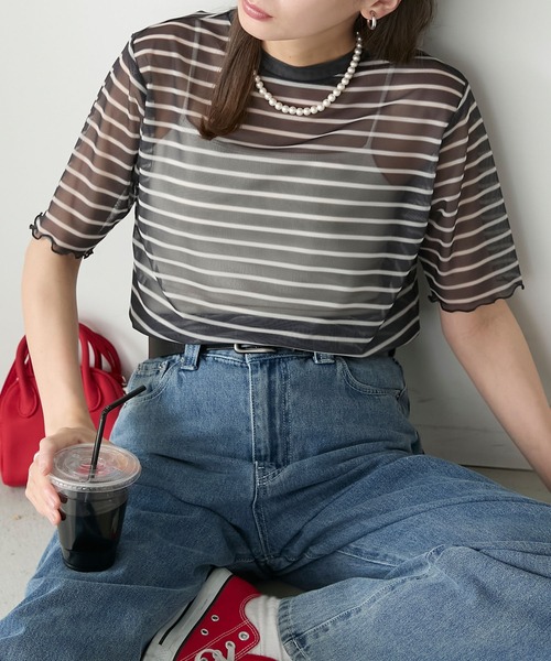 BONLECILL(ボンルシール)の「半袖シアーマルチボーダープルオーバー/インナー(Tシャツ/カットソー・レディース・ベージュ/グリーン/チャコールグレー/ブルー/オフホワイト/オレンジ・FREE)」の22枚目の写真