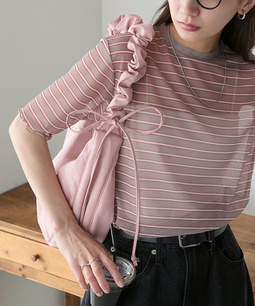 BONLECILL(ボンルシール)の「半袖シアーマルチボーダープルオーバー/インナー(Tシャツ/カットソー・レディース・ベージュ/グリーン/チャコールグレー/ブルー/オフホワイト/オレンジ・FREE)」の7枚目の写真