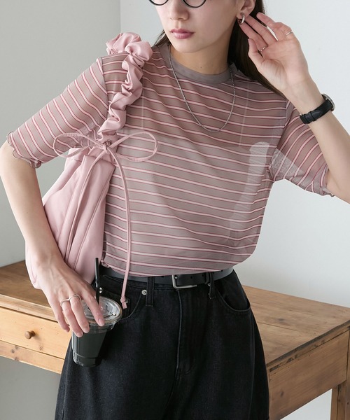BONLECILL(ボンルシール)の「半袖シアーマルチボーダープルオーバー/インナー(Tシャツ/カットソー・レディース・ベージュ/グリーン/チャコールグレー/ブルー/オフホワイト/オレンジ・FREE)」の8枚目の写真