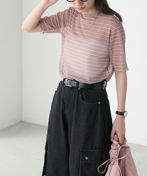 BONLECILL(ボンルシール)の「半袖シアーマルチボーダープルオーバー/インナー(Tシャツ/カットソー・レディース・ベージュ/グリーン/チャコールグレー/ブルー/オフホワイト/オレンジ・FREE)」の10枚目の写真