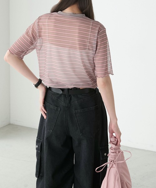 BONLECILL(ボンルシール)の「半袖シアーマルチボーダープルオーバー/インナー(Tシャツ/カットソー・レディース・ベージュ/グリーン/チャコールグレー/ブルー/オフホワイト/オレンジ・FREE)」の11枚目の写真