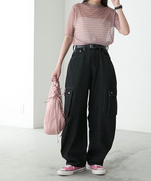 BONLECILL(ボンルシール)の「半袖シアーマルチボーダープルオーバー/インナー(Tシャツ/カットソー・レディース・ベージュ/グリーン/チャコールグレー/ブルー/オフホワイト/オレンジ・FREE)」の13枚目の写真