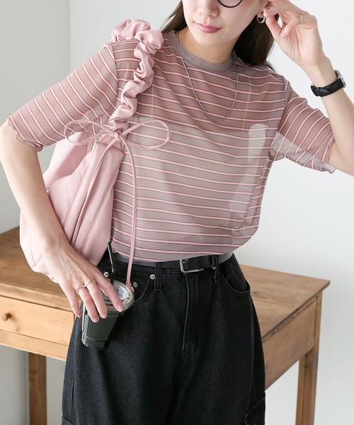 BONLECILL(ボンルシール)の「半袖シアーマルチボーダープルオーバー/インナー(Tシャツ/カットソー・レディース・ベージュ/グリーン/チャコールグレー/ブルー/オフホワイト/オレンジ・FREE)」の15枚目の写真