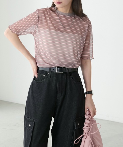 BONLECILL(ボンルシール)の「半袖シアーマルチボーダープルオーバー/インナー(Tシャツ/カットソー・レディース・ベージュ/グリーン/チャコールグレー/ブルー/オフホワイト/オレンジ・FREE)」の9枚目の写真