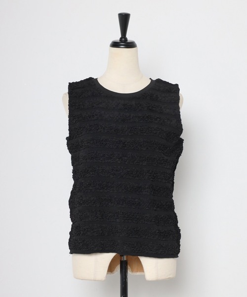 MINERTE（ミネルテ）の「【MINERTE】shirring border tops / シャーリングボーダーノースリーブトップス（タンクトップ・レディース・アイボリー/ブラック・FREE）」の3枚目の写真