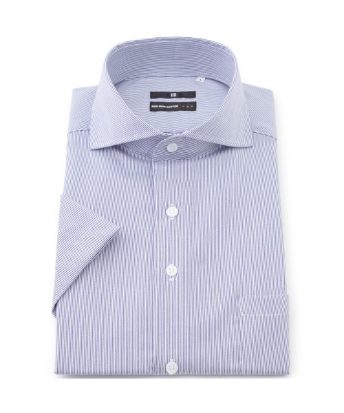 【半袖/BL-3】カッタウェイワイシャツ ネイビーストライプ ノーアイロン 綿100％ 形態安定（ビジネスシャツ）｜SUIT SELECT（スーツセレクト） 4,959円