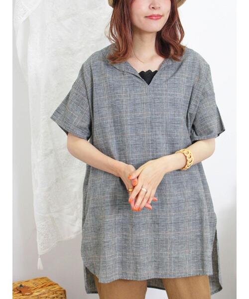 Samansa Mos2(サマンサ モスモス)の「【クールコットン】柄アソートスキッパーチュニック(シャツ/ブラウス・レディース・チャコールグレー/モカ/キナリ/グリーン/ブラウン・F)」の3枚目の写真