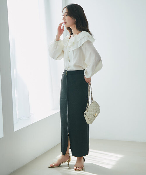 【年内削除予定】ラブティックボンボン♡前後2WAYジップラメニットナロースカート La boutique BonBon（ラブティックボンボン）の「【セットアップ