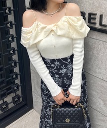 ジャガードフラワードッキングオフショルニットトップス
