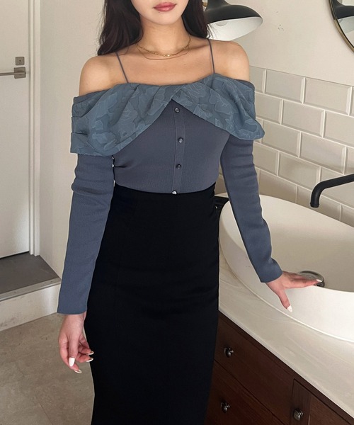 【セール】ジャガードフラワードッキングオフショルニットトップス（ニット/セーター）｜ROYAL PARTY（ロイヤルパーティー）