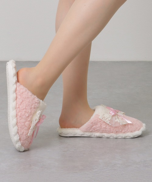 セール】リボン レース ふわふわ ルーム スリッパ（ルームシューズ