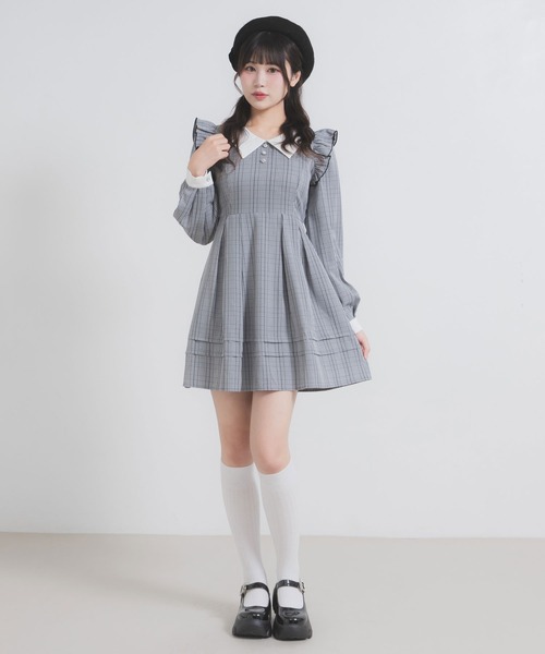 配色角襟フリルタック長袖ワンピース（ワンピース）｜DearMyLoveRose（ディアマイラブローズ）