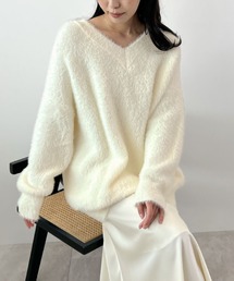モヘアタッチ裾リブシャギーVネッニット
