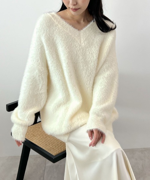 セール】モヘアタッチ裾リブシャギーVネッニット（ニット/セーター