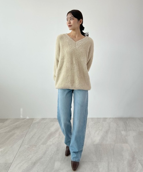Futier land(フューティアランド)の「モヘアタッチ裾リブシャギーVネッニット(ニット/セーター・レディース・チャコールグレー/ブルー/グリーン/ピンク/ベージュ/アイボリー・FREE)」の15枚目の写真