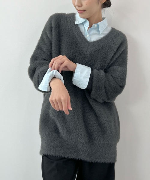 セール】モヘアタッチ裾リブシャギーVネッニット（ニット/セーター