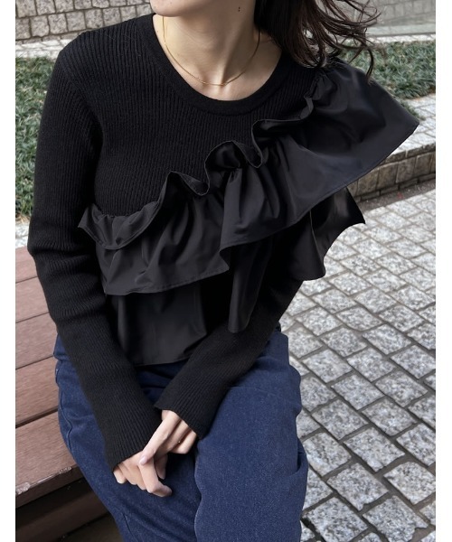 新品、OHGA、ブラック、BICOLOR FRILL KNIT、フリルニット OHGA ブラック BICOLOR FRILL KNIT フリルニット ひー様専用！OHGA