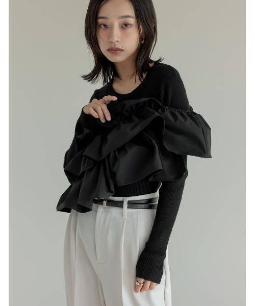 Re:EDIT（リエディ）の「[2024-25 WINTER COLLECTION]タフタフリルドッキングニットトップス（ニット/セーター・レディース・ブラック/アイボリー・MEDIUM/LARGE）」の10枚目の写真