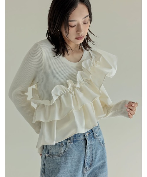 Re:EDIT（リエディ）の「[2024-25 WINTER COLLECTION]タフタフリルドッキングニットトップス（ニット/セーター・レディース・ブラック/アイボリー・MEDIUM/LARGE）」の13枚目の写真