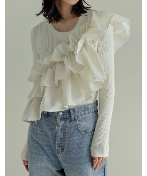 Re:EDIT（リエディ）の「[2024-25 WINTER COLLECTION]タフタフリルドッキングニットトップス（ニット/セーター・レディース・ブラック/アイボリー・MEDIUM/LARGE）」の14枚目の写真