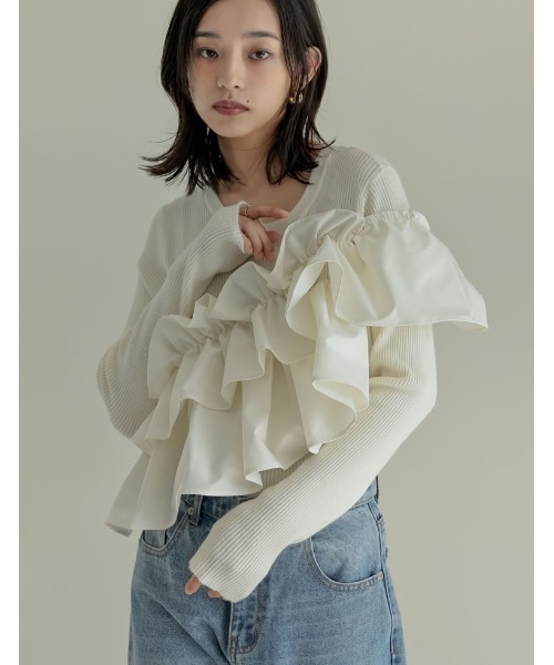 Re:EDIT（リエディ）の「[2024-25 WINTER COLLECTION]タフタフリルドッキングニットトップス（ニット/セーター・レディース・ブラック/アイボリー・MEDIUM/LARGE）」の16枚目の写真