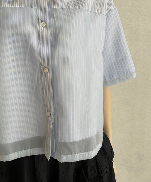 Sheglit♡ストライプ ブラウン シャツ 半袖 形態安定】長袖 ワイシャツ ワイドカラー STOVEL&MASON レッド