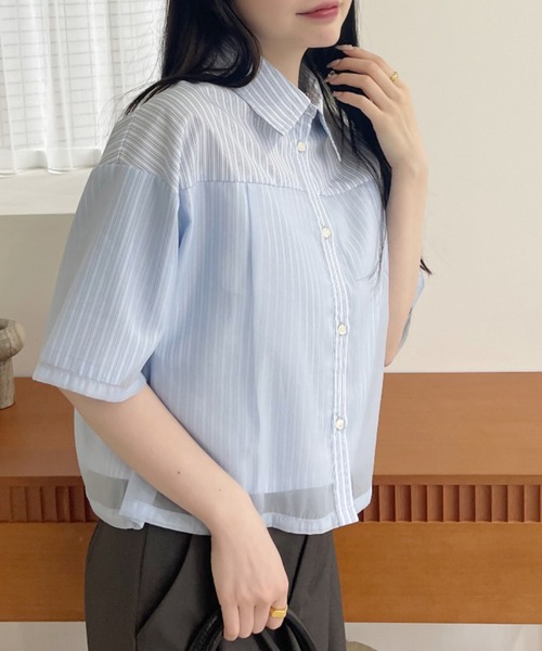 Àl Envi 青と白ストライプ 半袖シャツ ストライプシャツ メンズ 半袖シャツ アロハシャツ カジュアル