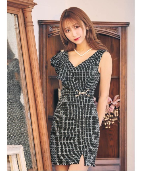 総ツイード アシメ ショルダー ベルトモチーフ付き タイト ミニドレス（ドレス）｜DAZZY（デイジー）