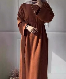 ベルト付きウエストギャザーリブニットロングワンピース