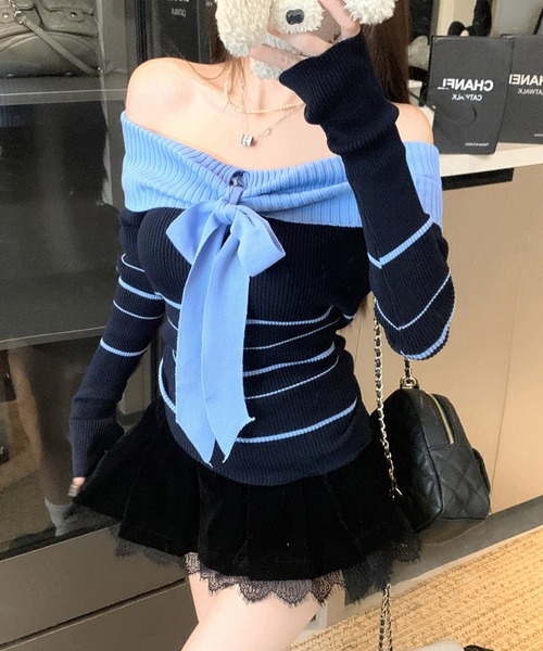 Sibra(シブラ)の「ボーダーリボン付きオフショルニット(ニット/セーター・レディース・ブルー/ホワイト/ブラウン/ブラック/グレー・M)」の5枚目の写真