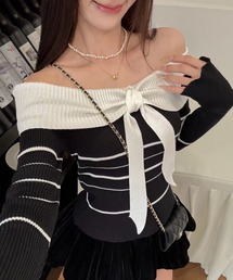 オフショルダー」に該当するトップス（ストライプ柄）ファッション通販