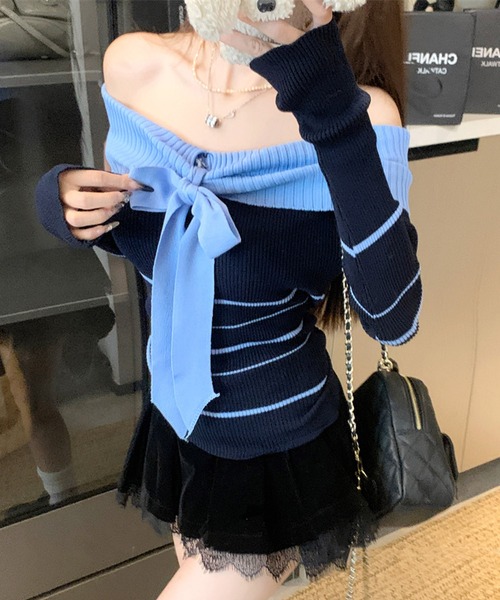 Sibra(シブラ)の「ボーダーリボン付きオフショルニット(ニット/セーター・レディース・ブルー/ホワイト/ブラウン/ブラック/グレー・M)」の10枚目の写真