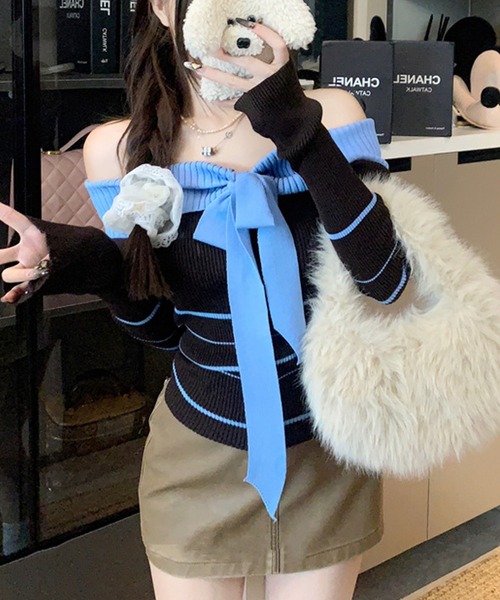 Sibra(シブラ)の「ボーダーリボン付きオフショルニット(ニット/セーター・レディース・ブルー/ホワイト/ブラウン/ブラック/グレー・M)」の11枚目の写真