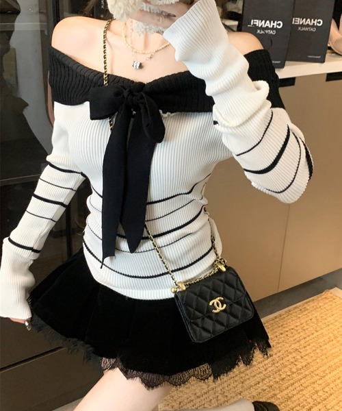 Sibra(シブラ)の「ボーダーリボン付きオフショルニット(ニット/セーター・レディース・ブルー/ホワイト/ブラウン/ブラック/グレー・M)」の14枚目の写真