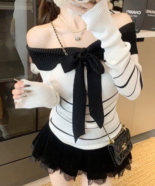 Sibra(シブラ)の「ボーダーリボン付きオフショルニット(ニット/セーター・レディース・ブルー/ホワイト/ブラウン/ブラック/グレー・M)」の16枚目の写真