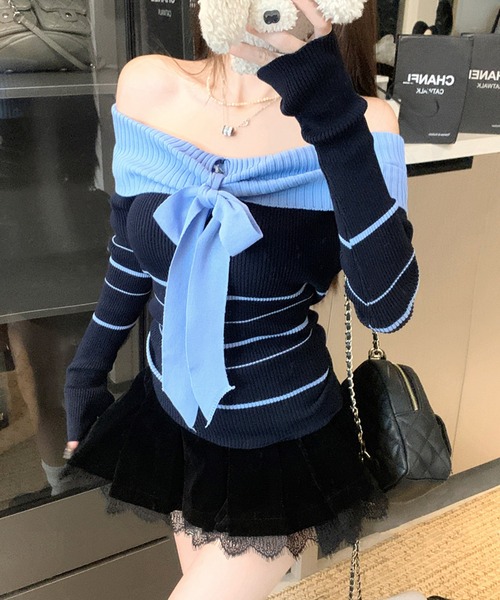 Sibra(シブラ)の「ボーダーリボン付きオフショルニット(ニット/セーター・レディース・ブルー/ホワイト/ブラウン/ブラック/グレー・M)」の12枚目の写真